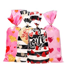 mciskin Pack of 50 Valentine's Day Cellophane Bags for Party Favors, Small Candy Bags for Candy with Ties, Holiday Gift Bags for Party Decorations, Romantic Valentine's Day, Theme
