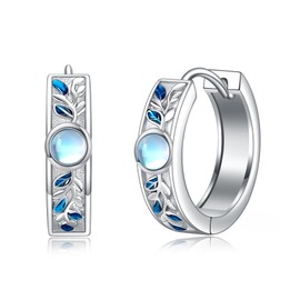 POPLYKE Vintage Moonstone Hoop Earrings Women's 925 Sterling Silver Leaf Hoop Earrings Blue Leaf Earrings Moonstone Jewellery, Moonstone