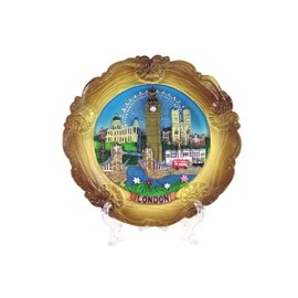 Wood Style Decorative Plate Detailing London Skyline: Big Ben, Tower Bridge and London Eye etc (Medium Ornate)