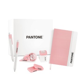 PANTONE Pastel Gift Box - Set Cancelleria con Temperino con Serbatoio, Taccuino Appunti, 2 Gomme da Cancellare, Bianchetto a Nastro 10mt e Penne Gel Nere 0.7 mm, Prodotti Cartoleria per Idee Regalo