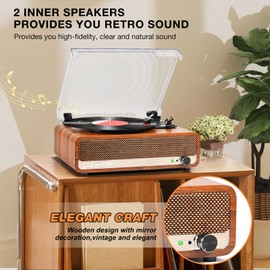 Vinyl Record Player with Speakers,3 Speed Turntable with Latest Bluetooth 5.3, Aux Input, Headphone Jack, RCA Output and Auto Stop, Mirror Vintage Wooden Brown