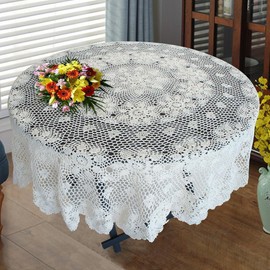 USTIDE Soft Cotton Handmade Crochet Tablecloth White Floral Lace Tablecloth Round Crochet Lace Table Overlays Romantic Dining Room Sofa Coffee Table Tea Table Cover, 120cm
