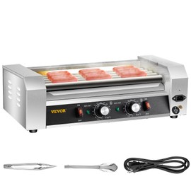VEVOR Hot Dog Roller, 5 Roller Grill, Hold 12 Hot Dogs, 750W Stainless Steel Cook Warmer Machine with Dual Temp Control, LED Light & Detachable Drip Tray, Sausage Grill Cooker for Commercial and Party