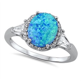 Blue Simulated Opal Oval Solitaire Polished Ring .925 Sterling Silver Band Size 12