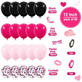 Pink Black Balloons, Ousuga 60 pcs 12 Inch Pastel Pink Matte Hot Pink Black Confetti Latex Balloons Set for Girls Boys Birthday Baby Bridal Shower Wedding Engagement Valentines Party Decorations