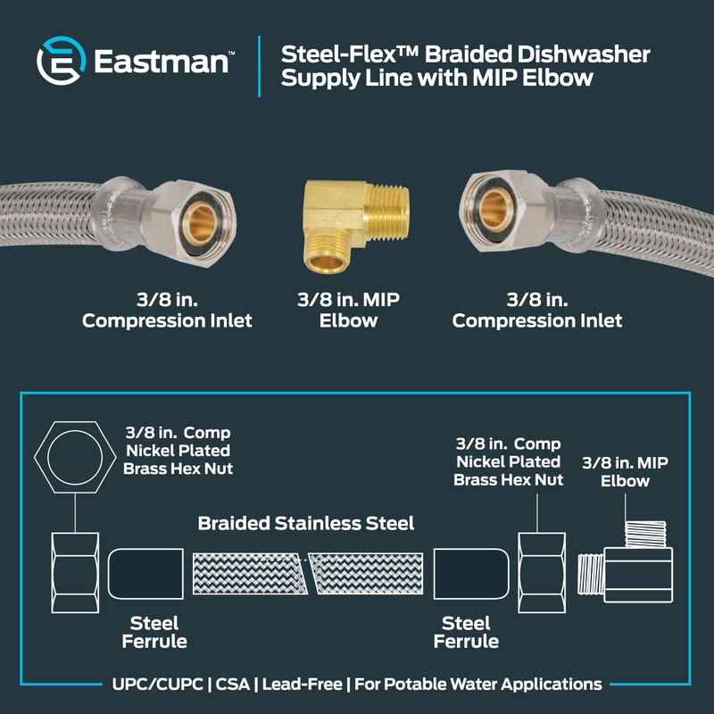 Eastman Dishwasher Installation Kit, 6 Foot Braided Stainless Steel Supply