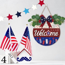 Aurlan 3D 4th of July Door Sign,Fourth of July Welcome Sign,Independence Day Hanging Sign,Patriotic Wreath for Front Door,American Flag Bow Star Fireworks Wall Decoration for Home Outdoor Porch Yard