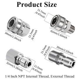 2 Sets NPT 1/4 Inch Pressure Washer Coupler Quick Connect Plug Stainless Steel Male and Female Quick Connect Fittings Pressure Washer Adapter Set (Internal Thread, External Thread)