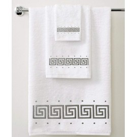 Decorative Greek Key 100% Cotton 3 Piece Set - 650 GSM - Soft and Absorbent - Embroidered Towels Gift Set - 1 Bath Towel, 1 Hand Towel, 1 Guest Towel - Hotel Collection Bathroom Towel (White)