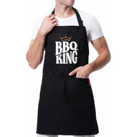 XBPDMWIN Funny Aprons for Men - BBQ King - Black Adjustable Kitchen BBQ Chef Apron for Men with 2 Pockets Waterproof and Oilproof - Mens Apron Cooking Gift for Father’s Day/Birthday