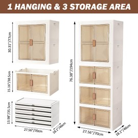 SYNCVIBE Collapsible Clothes Cabinet Large Portable Closet Plastic Folding Dresser with Hanging Rod Wardrobe with Double Doors(White, 3+1)