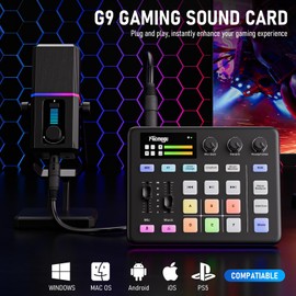 Facmogu G9 Gaming Audio Mixer, Audio Interface w/3.5mm/XLR Mic In, RGB, Bluetooth, 48V Phantom Power, Voice Changer, Live Sound Card Sound Board for Live Streaming, Podcast, Gaming - Not for USB Mic