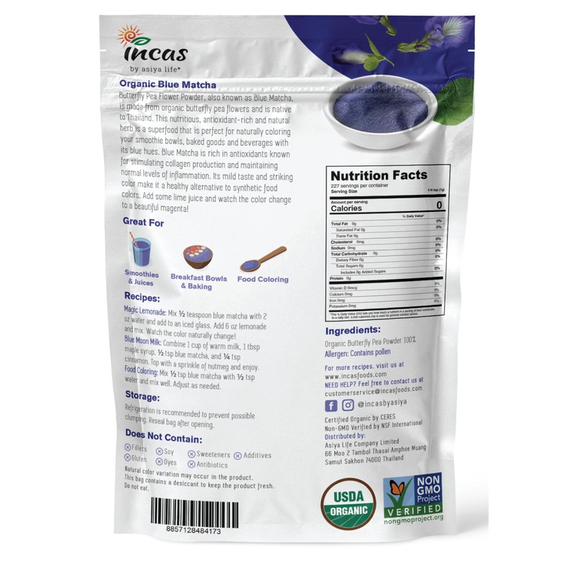 INCAS 100% USDA Organic Butterfly Pea Flower Powder - 8