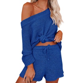 Ermonn Conjunto de 2 piezas para mujer de punto con hombros descubiertos, pantalones cortos, conjunto de pijama casual, Azul marino/flor y brillo, XXL