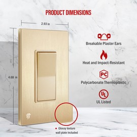 ENERLITES Elite Series Decorator Light Switch with Brushed Screwless Wall Plate, Single Pole, 3 Wire, Grounding Screw, Residential Grade, 15A 120V, UL Listed, 91150-GDWBP, Brush Gold with Wall Plate