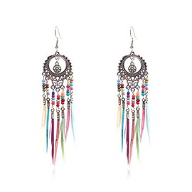 Set Bohemian Tassel Beaded Flower Drop Dangle Earrings Feather Ethnic Retro Boho Dangle Earring Beads for Women Jewelry for Gifts Vintage Rainbow Colorful-Round Silver