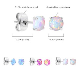 Aroncent Earrings Set 316L Stainless Steel Opal Earrings in White/Blue/Pink 3 mm - 5 mm, Stainless Steel Opal