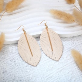 MAIGO Gold Leather Feather Earrings - Feather Earrings for Women, Tassel Earrings, Fringe Leather Earrings, Lightweight Teardrop Dangle Earrings for Girls Fashion, Large Genuine Soft Leather Jewelry