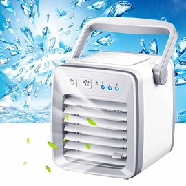 Mini Evaporative Air Cooler - Portable Cooling Air Conditioner - USB-Powered Travel, Outdoor, Desk Fan with 3 Speeds - Personal Cool Wind Machine with 200ml Water Tank & Dust Filter - White - 7x7x6.5"