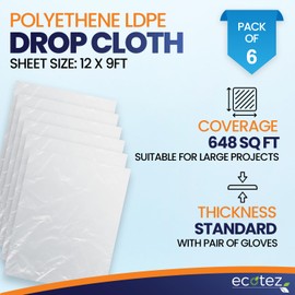 Ecotez 6 Pack 12 x 9 ft Extra Large Painter's Drop Cloth - Light & Durable Dust Cover - Clear Plastic Sheet - Paint Drop Cloth - Plastic Floor Protector