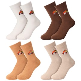 Yearntown 4 Pairs Fall Autumn Colorful Novelty Crew Socks Thanksgiving Cotton Embroidered Pumpkin Maple Leaves Pattern Sock for Women Men Gift