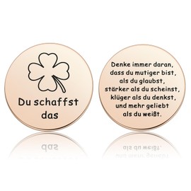 Photect Motivational Bag Hug Lucky Charm with Bag Du Schaffst Das Glücksbringer Stainless Steel Double-Sided Token Inspirational Gift Round Lucky Coin