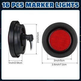Treela 16 Pcs 2 Inch LED Marker Lights 10 LEDs Round Trailer Light Waterproof Sealed with Rubber Flush Mount Grommet 2 Prong Wire Pigtails for RV Truck Semi Trailer Side Tail Lights(Red and Amber)
