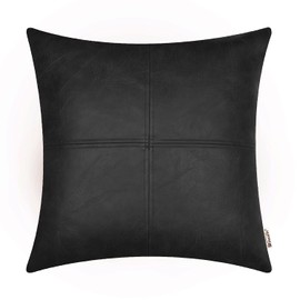 BRAWARM Faux Leather Throw Pillow Covers 16 X 16 Inches, Black Leather Pillow Cover, Hand Stitched Leather Decorative Pillow Cover for Couch Sofa Bed Living Room Home Garden