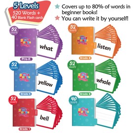 Torlam 520 Sight Words Flash Cards Kindergarten Homeschool Supplies with Card Folders & Rings - High Frequency Site Word for Pre-k Kindergarten 1st 2nd 3rd Grade