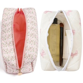 HHQQWZ Makeup Bag Travel Cosmetic Bag for Women Girls, Zipper Make Up Pouch, Floral Flowers Toiletry Organizer Makeup, Portable Storage Cosmetic Travel Cloth Bag (Pink+Pink Bow Tie)