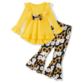 Auiopila Kids Toddler Girl Clothes Solid Color Ruffle Sleeve Top and Flare Jeans Pants 2Pcs Fall Winter Girl Outfits