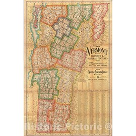 Historical Map, c.1902 Complete map of Vermont Showing Highways & Natural Features with an Index of All Cities, Villages, Post-Offices and Railroad Stations, Vintage Wall Art : 16in x 24in