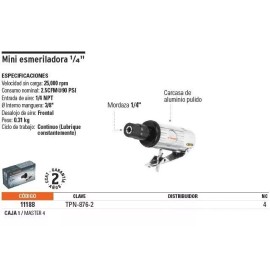 Truper Miniesmeriladora Pulidora Neumática, 1/4' Aluminio Pulido Color Gris Frecuencia 60Hz