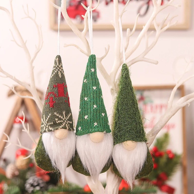Christmas Gnome Hanging Ornaments - 3-Piece Gray Set with Patterned