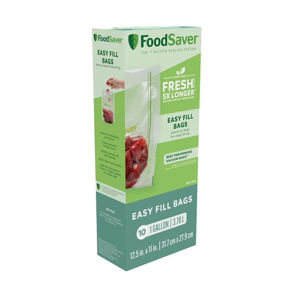 FoodSaver Easy Fill 1-Gallon Vacuum Sealer Bags | Commercial Grade and Reusable | 10 Count, 1 GALLON, Clear