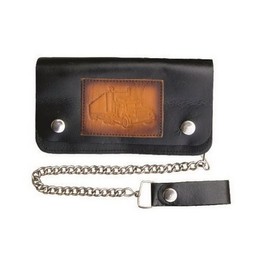 Men's Biker Chain Wallet Black Leather with Truck Design Stamped in Brown Leather