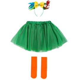 Girls Hawaiian Adventure Princess Rooster Pig Costume Dress Kit Outfit Kids (9-10 Years, Green)
