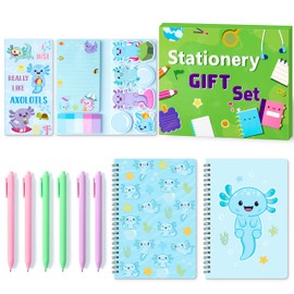 PANTIDE Axolotl Sticky Note A5 Notebooks Pens Stationary Set - Axolotl Self-Stick Notes Pads Spiral Notebooks Black Gel Ballpoint Pens School Office Supplies Teacher Appreciation Gift with Box (Blue)