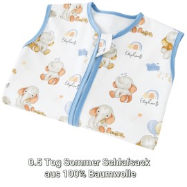 Chilsuessy Children's Summer Sleeping Bag, 0.5 Tog, Baby Summer Sleeping Bag Made of 100% Cotton, Baby Sleeping Bag, Sleeveless Pyjamas for Boys and Girls, Cute Elephant, 130 cm / Baby Height 120-140