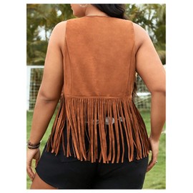 BEAUDRM Women's Plus Size Fringe Trim Hem Jacket Sleeveless V Neck Button Front Vintage Jackets 70s Outfits Brown 2XL