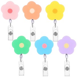 Kisangel Name Badge Reel Clip Set of 6 Flower Cute Elastic Badge Reel Hanging Name Tag Holder Nurse Office ID Card Keychain Character Random Color