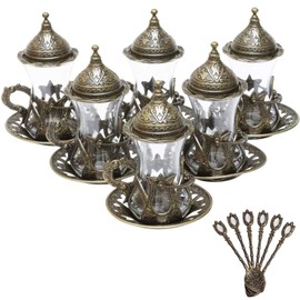 Alisveristime (Set of 6 Handmade Turkish Tea Water Zamzam Serving Set Glasses Saucer and Spoon (Antik Green)