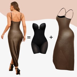 Slimers Women Shapewear Dress Formal: Cocktail Slip Dresses Wedding-Guest Elegant - Evening Sparkle Fancy Gala Slit Party Tummy Control Dresses Gold