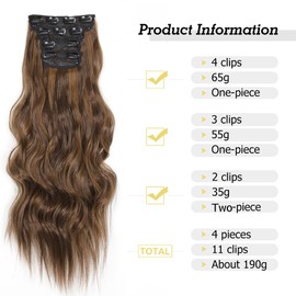 Clip in Hair Extensions 24 Inch 4pcs Set Curly Wave Long Hair Extension YDDM Clip ins,Wavy Hair Extensions for Women Synthetic Clip on Extension 8H27#
