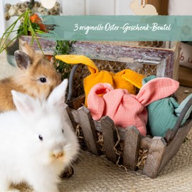 Papierdrachen Muslin Easter Bunny Bags - in Mustard Yellow, Pink and Olive and Size - Bag with Rabbit Ears - Gift for Easter - Party Bag or Gift Packaging - Set of 12