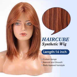 HAIRCUBE Women's Wig 16 Inch Auburn Wig Women's Curtain Fringe Women Wigs Synthetic Wig with Bangs Wave Wig for Daily and Cosplay