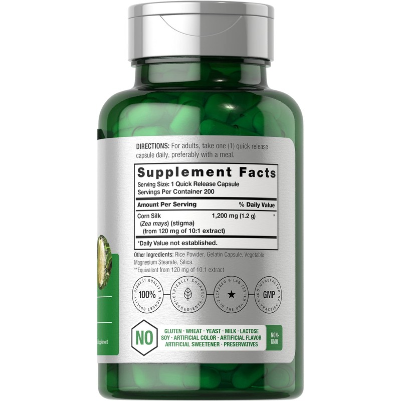 Horbäach Corn Silk Capsules 1200mg | 200 Count | Non-GMO,