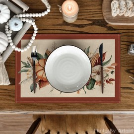 Artoid Mode Fall Harvest Corns Pumpkins Placemats Set of 4, 12x18 Inch Thanksgiving Vintage Table Mats for Dining Party Decoration