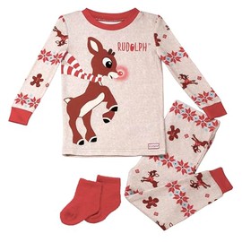 Baby Starters 3-Piece Snug Fit Boys Christmas Pajamas with Socks and Let It Glow Message (Rudolph, Tan and Red Fair Isle, 4T)