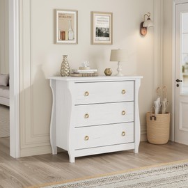 GarveeHome 3-Drawer Dresser - Tall Boho Dresser with Curved Legs, Rattan Accents, and Freestanding Storage for Living Room, Bedroom, Entryway, or Balcony (30" L x 15.8" W x 29.3" H) White